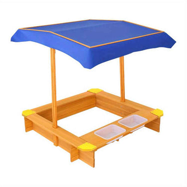 Keezi Youngsters Sandpit Wooden Sandbox with Adjustable Canopy, Water Basin & Toys, 103cm, High Quality